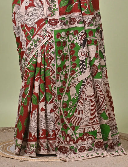 Kalam Kantha Pure Cotton Kalamkari Digital Print Saree with Running Blouse Piece | Multicolour Floral Handloom Saree