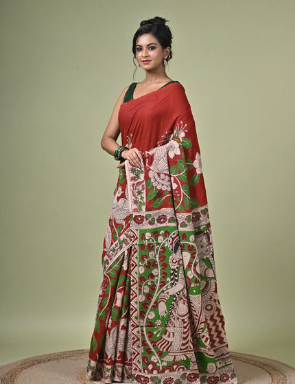 Kalam Kantha Pure Cotton Kalamkari Digital Print Saree with Running Blouse Piece | Multicolour Floral Handloom Saree
