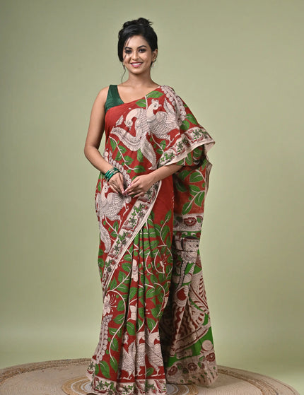 Kalam Kantha Pure Cotton Kalamkari Digital Print Saree with Running Blouse Piece | Multicolour Floral Handloom Saree