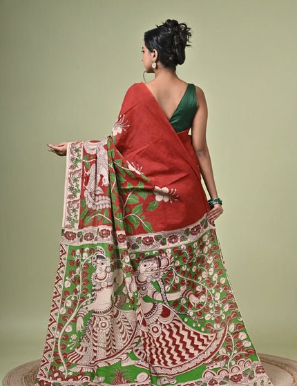 Kalam Kantha Pure Cotton Kalamkari Digital Print Saree with Running Blouse Piece | Multicolour Floral Handloom Saree
