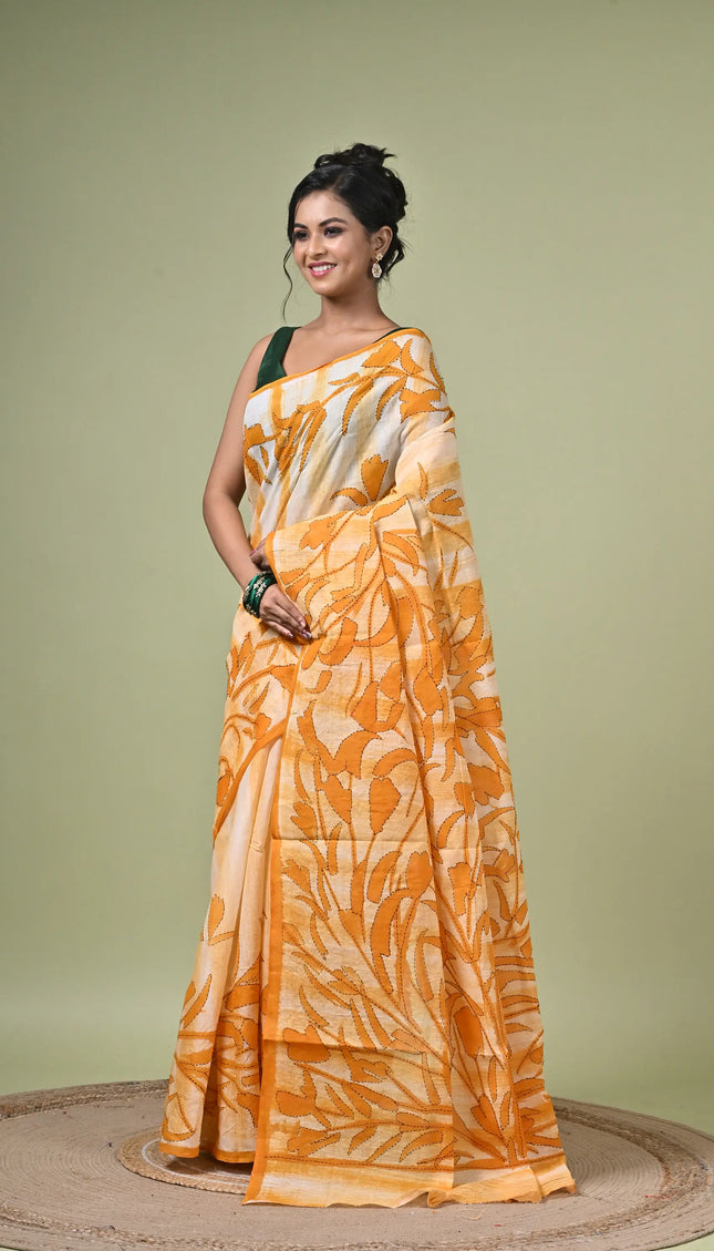 Yellow Floral Print Cotton Saree