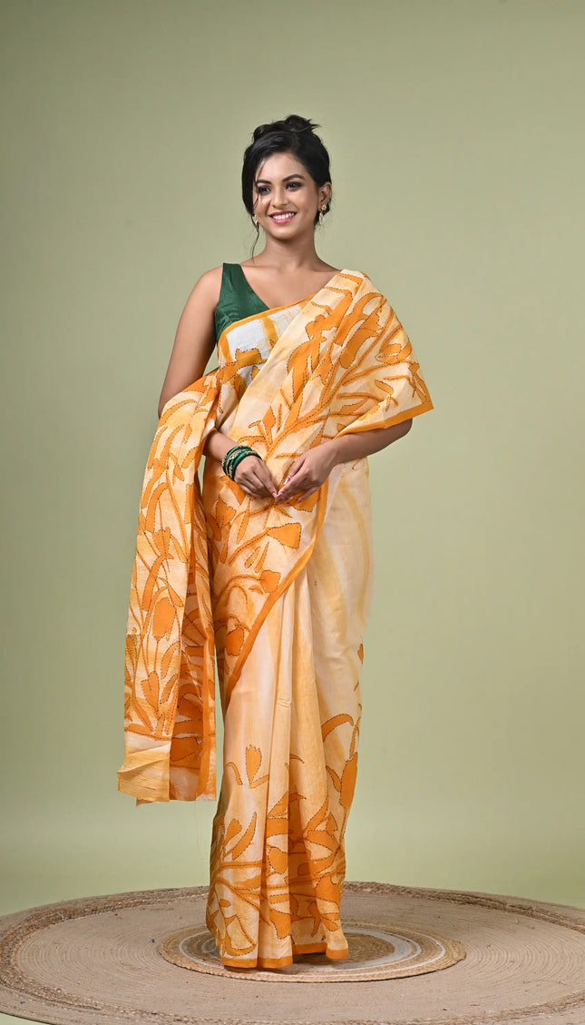 Yellow Floral Print Cotton Saree