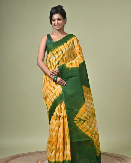 Yellow Green Shibori Cotton Saree