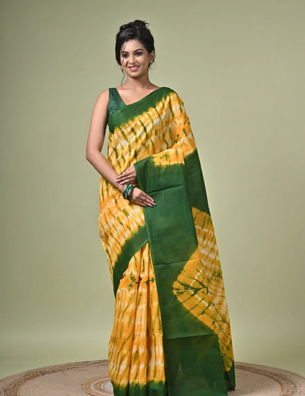 Yellow Green Shibori Cotton Saree — Natural Dye Resist Print | Handcrafted saree | KalamKantha