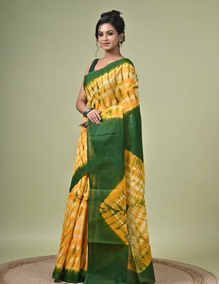 Yellow Green Shibori Cotton Saree — Natural Dye Resist Print | Handcrafted saree | KalamKantha