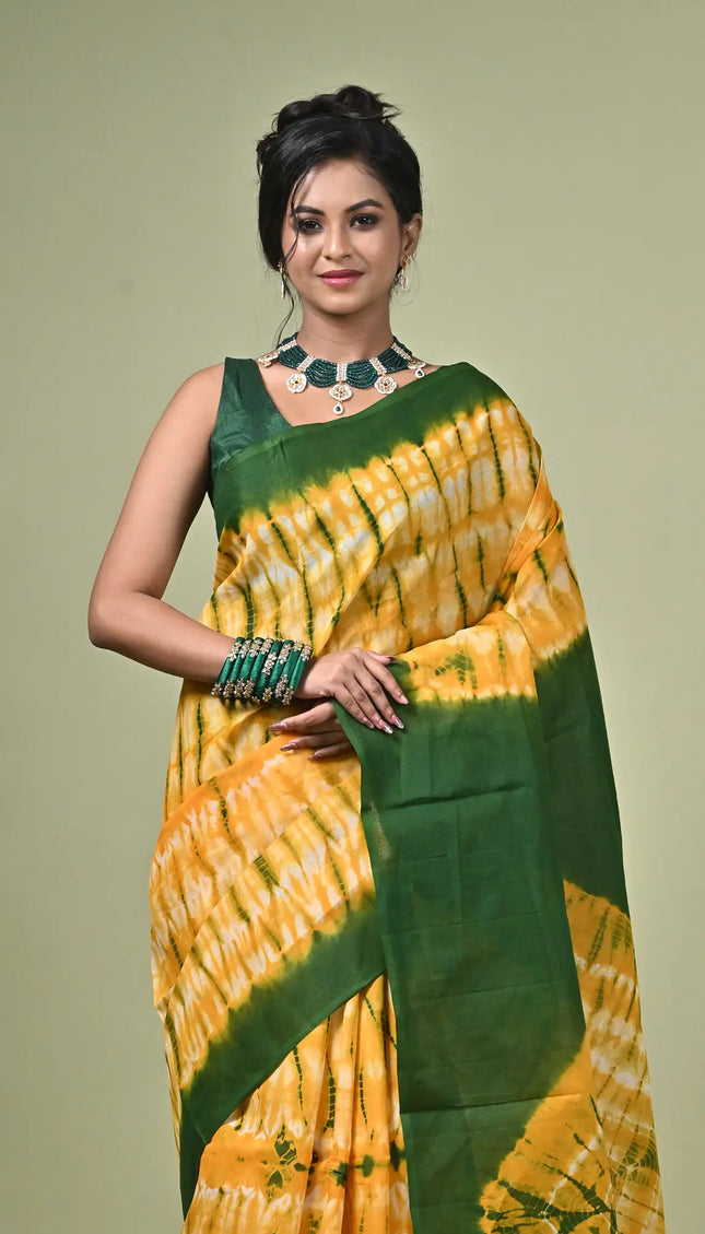 Yellow Green Shibori Cotton Saree