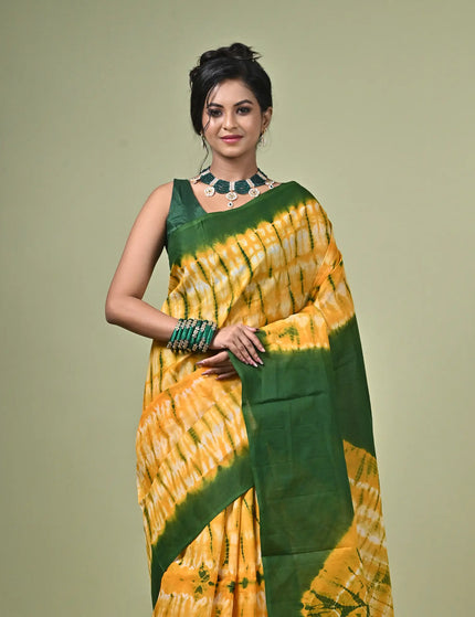 Yellow Green Shibori Cotton Saree — Natural Dye Resist Print | Handcrafted saree | KalamKantha