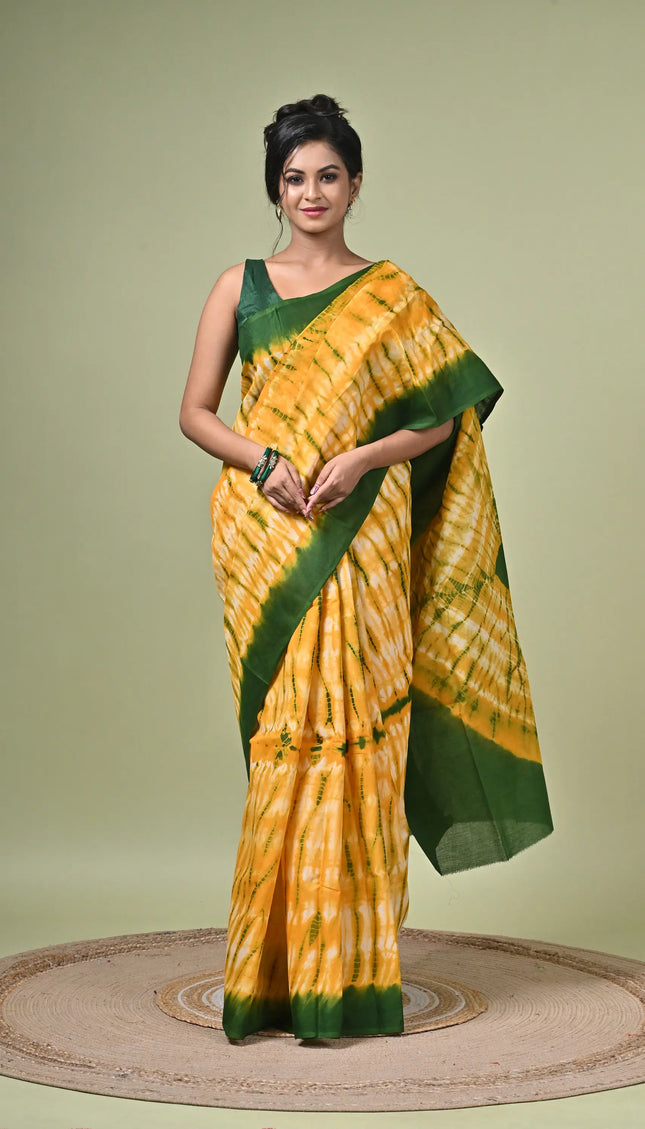 Yellow Green Shibori Cotton Saree