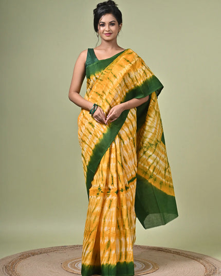 Yellow Green Shibori Cotton Saree