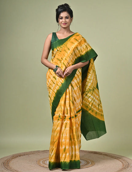 Yellow Green Shibori Cotton Saree — Natural Dye Resist Print | Handcrafted saree | KalamKantha