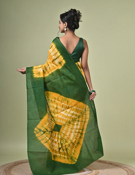 Yellow Green Shibori Cotton Saree — Natural Dye Resist Print | Handcrafted saree | KalamKantha