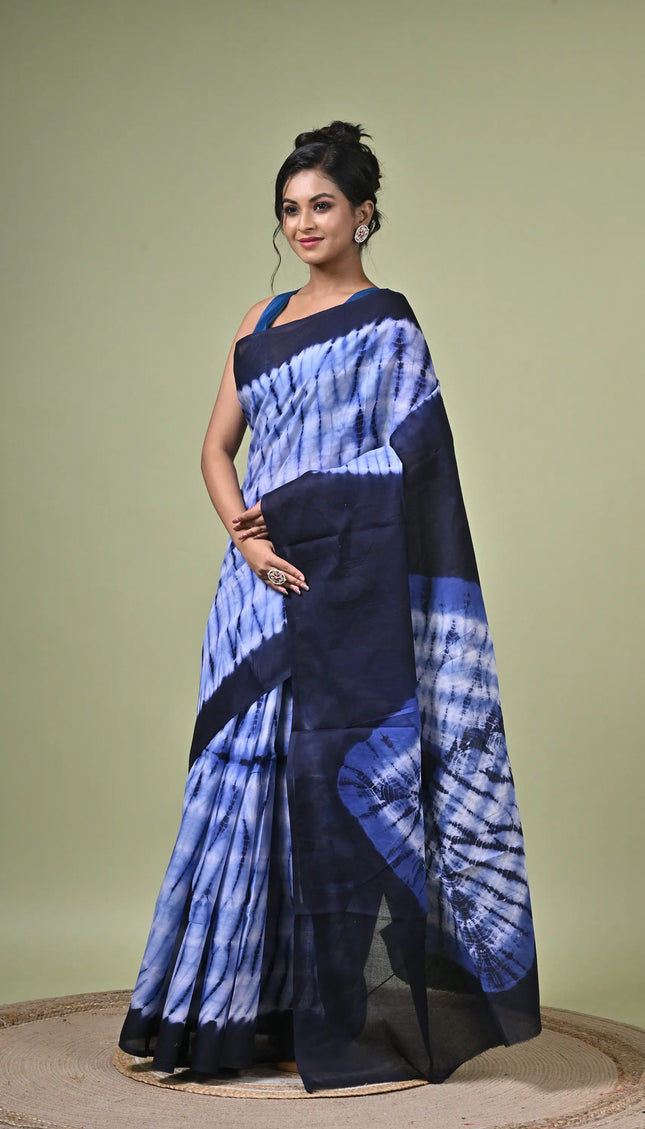 Navy Blue Shibori Cotton Saree | Tie Dye Indigo Print