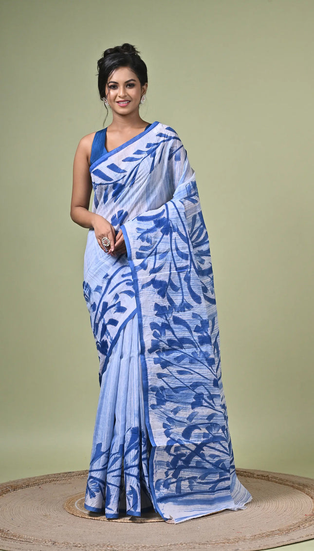 Blue Floral Print Cotton Saree | Lightweight Everyday Wear