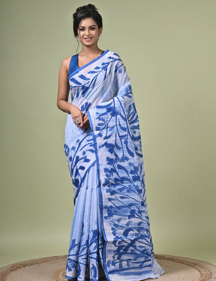 Blue Floral Print Cotton Saree — Lightweight Everyday Drape | Handcrafted saree | KalamKantha