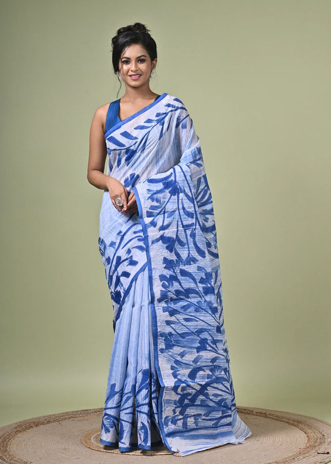 Blue Floral Print Cotton Saree | Lightweight Everyday Wear