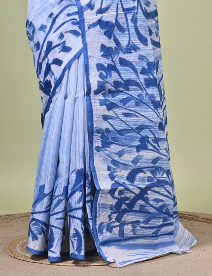 Blue Floral Print Cotton Saree — Lightweight Everyday Drape | Handcrafted saree | KalamKantha
