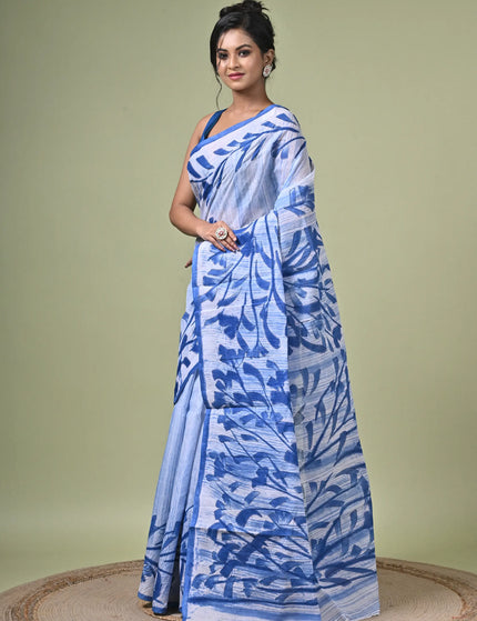 Blue Floral Print Cotton Saree — Lightweight Everyday Drape | Handcrafted saree | KalamKantha