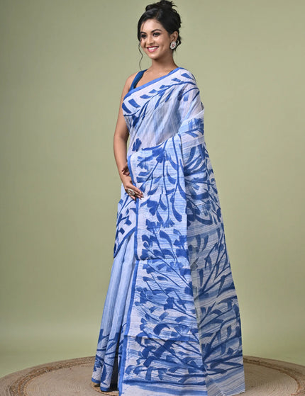 Blue Floral Print Cotton Saree — Lightweight Everyday Drape | Handcrafted saree | KalamKantha