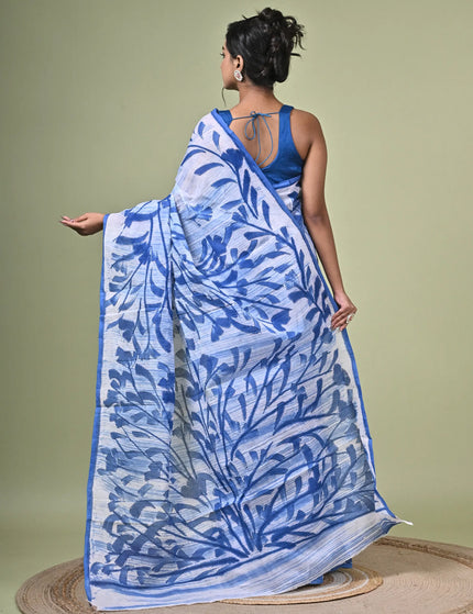 Blue Floral Print Cotton Saree — Lightweight Everyday Drape | Handcrafted saree | KalamKantha
