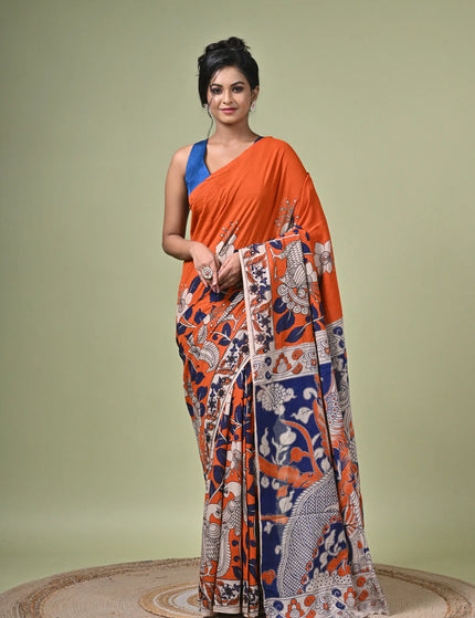 Kalam Kantha Pure Cotton Kalamkari Digital Print Saree with Running Blouse Piece | Multicolour Floral Handloom Saree