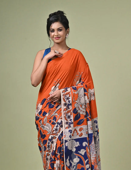 Kalam Kantha Pure Cotton Kalamkari Digital Print Saree with Running Blouse Piece | Multicolour Floral Handloom Saree