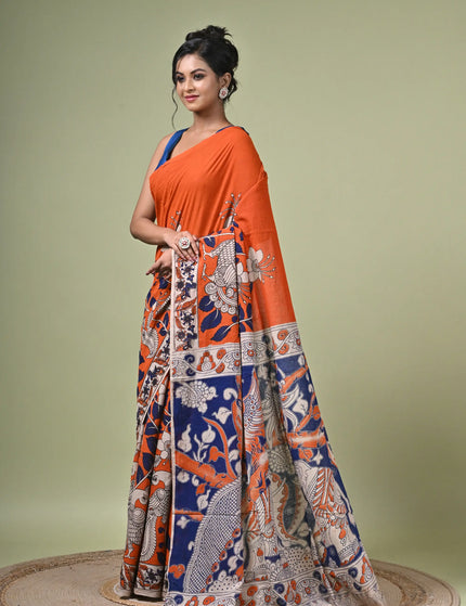 Kalam Kantha Pure Cotton Kalamkari Digital Print Saree with Running Blouse Piece | Multicolour Floral Handloom Saree
