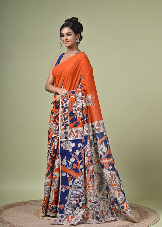 Kalam Kantha Pure Cotton Kalamkari Digital Print Saree with Running Blouse Piece | Multicolour Floral Handloom Saree