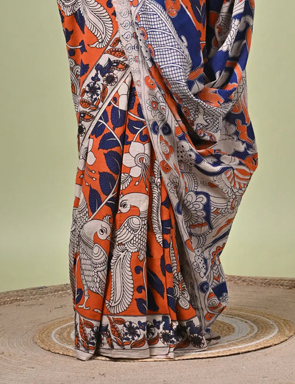 Kalam Kantha Pure Cotton Kalamkari Digital Print Saree with Running Blouse Piece | Multicolour Floral Handloom Saree