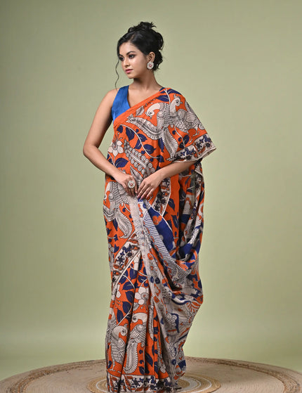 Kalam Kantha Pure Cotton Kalamkari Digital Print Saree with Running Blouse Piece | Multicolour Floral Handloom Saree