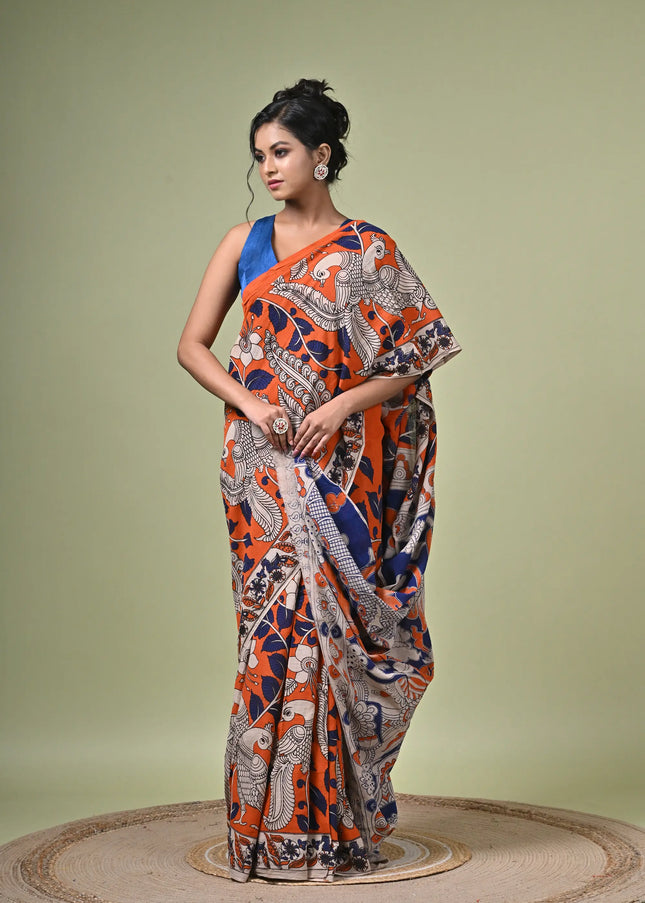 Kalam Kantha Pure Cotton Kalamkari Digital Print Saree with Running Blouse Piece | Multicolour Floral Handloom Saree