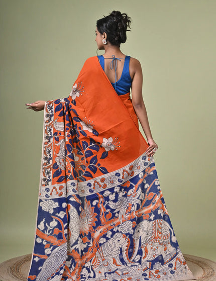 Kalam Kantha Pure Cotton Kalamkari Digital Print Saree with Running Blouse Piece | Multicolour Floral Handloom Saree