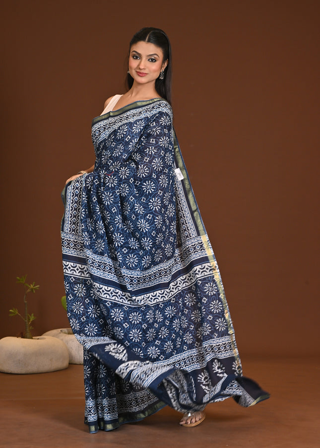 Blue & White Chanderi Cotton Saree - Hand Block Print | KalamKantha