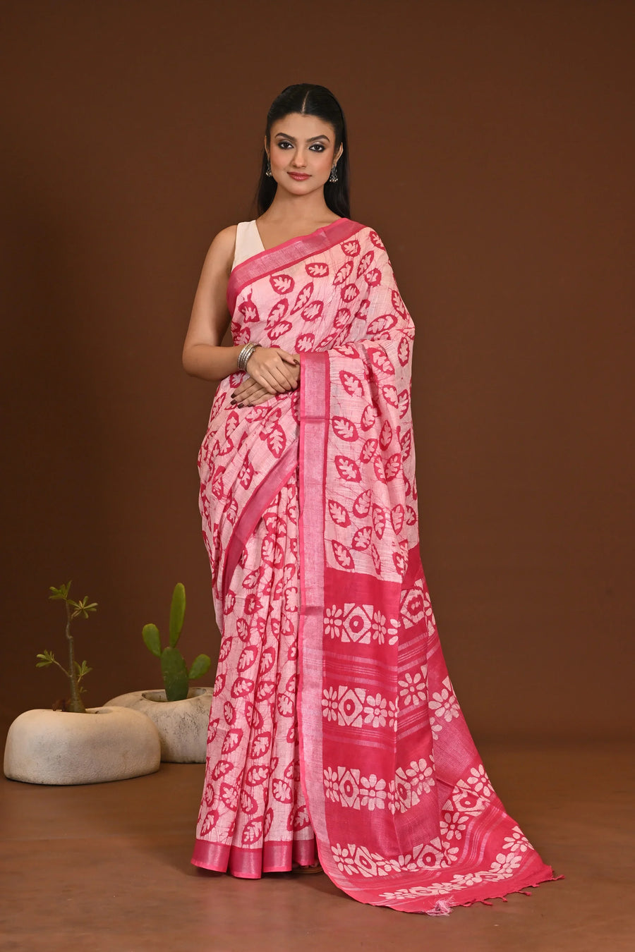 Pink Batik Block Print Saree