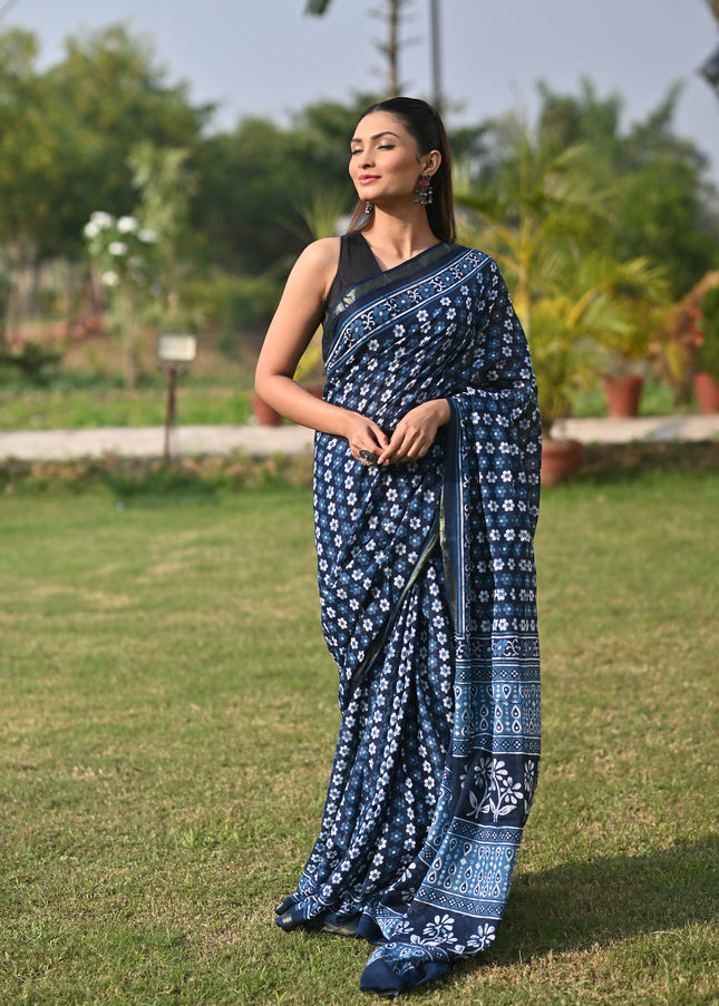 Chanderi Cotton Saree Floral Block Print  Silver Zari | KalamKantha