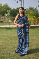 Chanderi Cotton Saree Floral Block Print  Silver Zari | KalamKantha