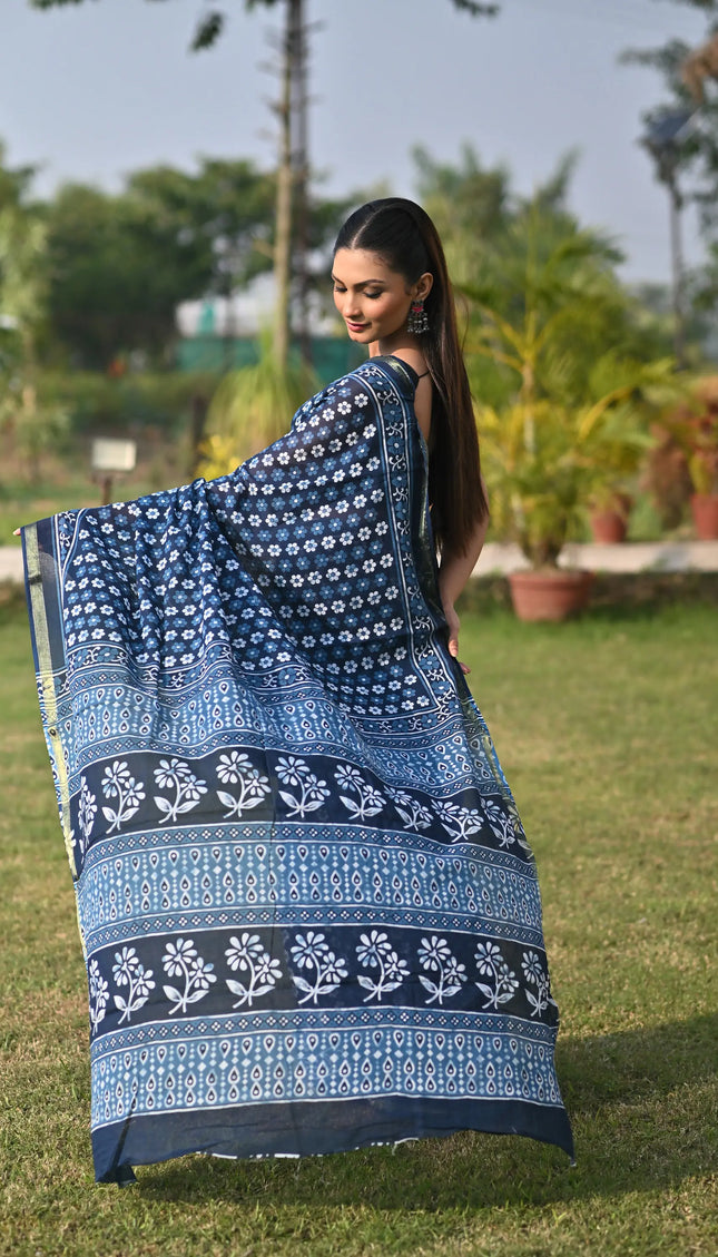 Chanderi Cotton Saree Floral Block Print  Silver Zari