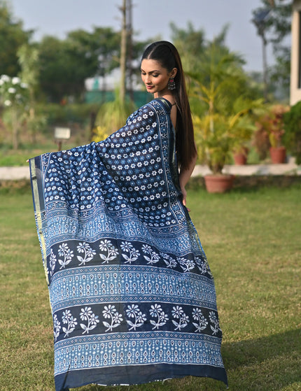 Chanderi Cotton Saree Floral Block Print  Silver Zari