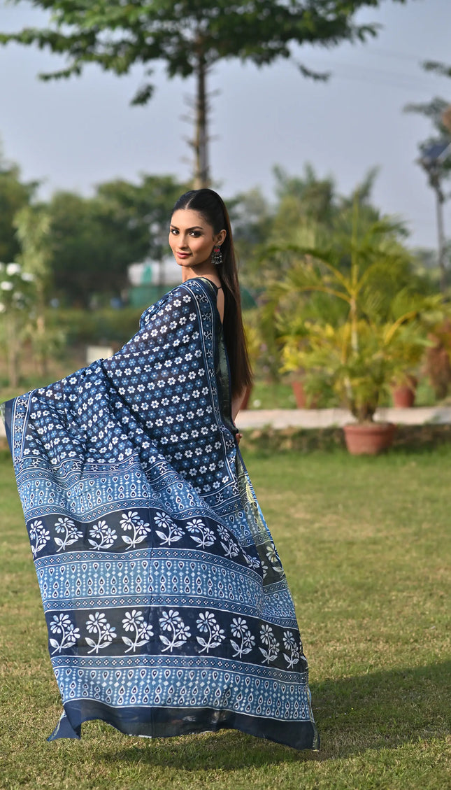 Chanderi Cotton Saree Floral Block Print  Silver Zari