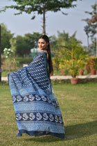 Chanderi Cotton Saree Floral Block Print  Silver Zari