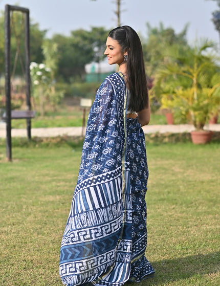 Indigo Chanderi Cotton Saree — Deep Dye Handwoven... - Saree | KalamKantha