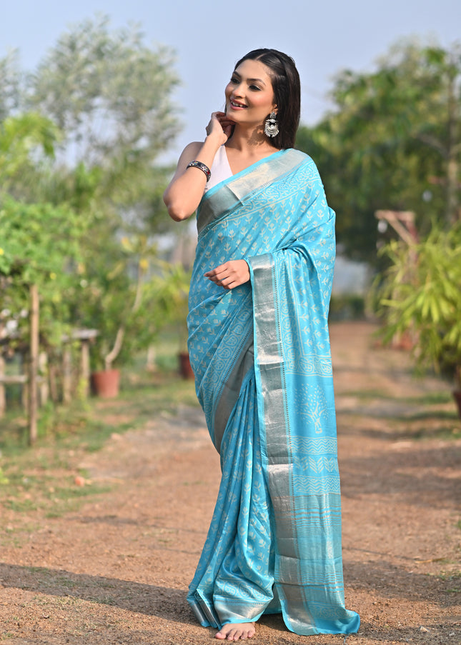 MAHESHWARI SILK HAND BLOCK PRINT BLUE SAREE