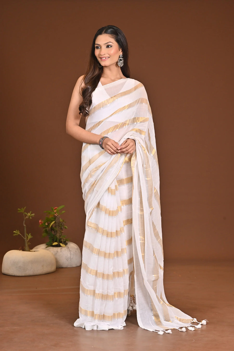 White Khadi Golden Striped Saree