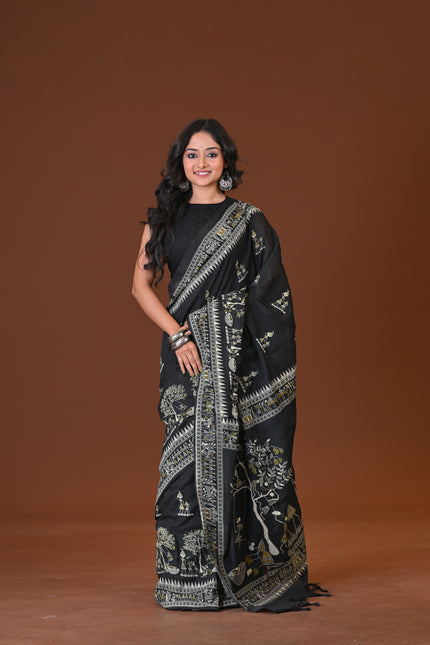Black Khadi Tree Print Daily Wear Saree | KalamKantha