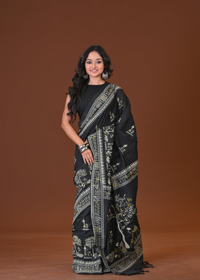Black Khadi Tree Print Daily Wear Saree | KalamKantha