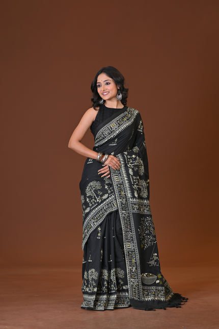 Black Khadi Tree Print Daily Wear Saree | KalamKantha