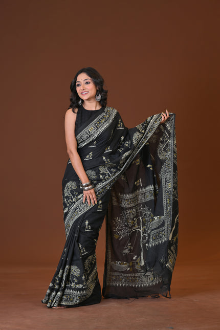Black Khadi Tree Print Daily Wear Saree | KalamKantha