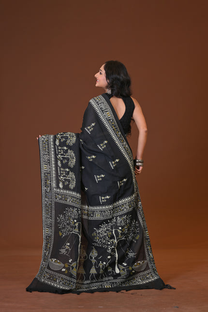 Black Khadi Tree Print Daily Wear Saree | KalamKantha