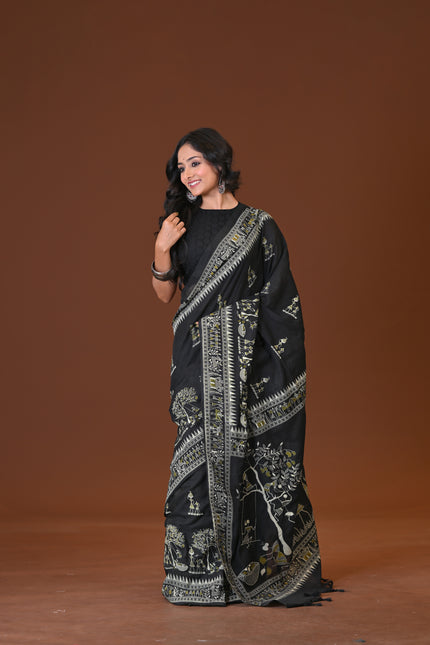 Black Khadi Tree Print Daily Wear Saree | KalamKantha