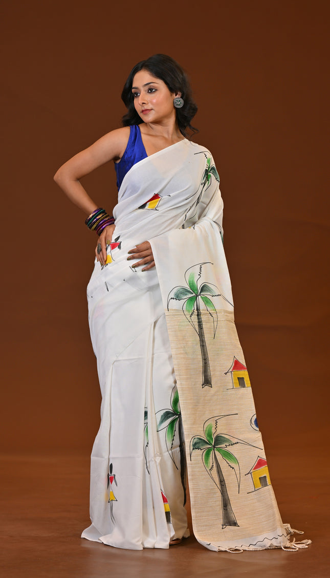 White Pure Cotton Khadi Saree | Ghor-Bari Print