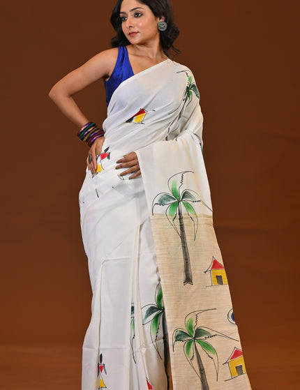 White Pure Cotton Khadi Saree | Ghor-Bari Print